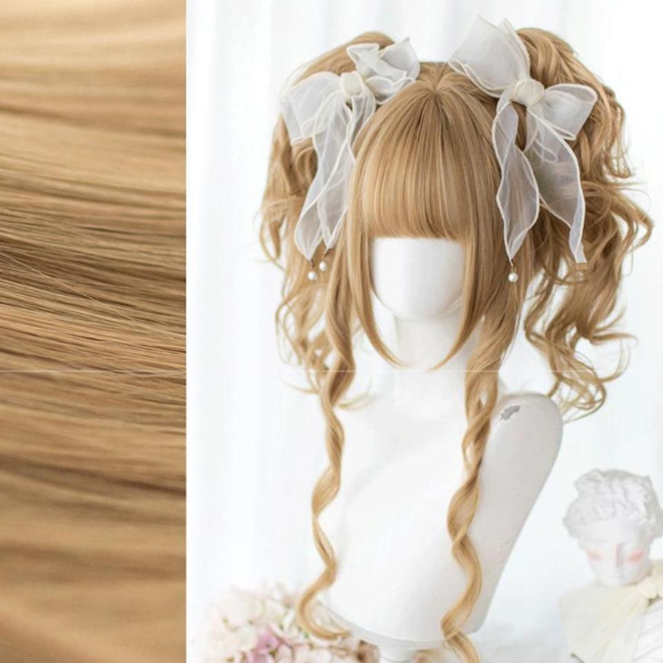 Linen Gold Double Ponytail Synthetic Wig Female Natural Elegant Linen Gold Long Curly Lolita Double Ponytail Full Head Wig