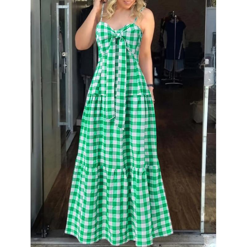 European fashion temperament plaid casual elegant lace-up bow suspender sleeveless dress women S