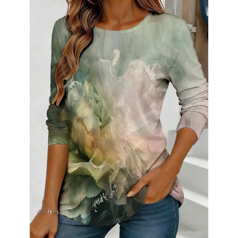 Women's Abstract Watercolor Print Long-sleeved Loose Round Neck Top, Casual Everyday Street Style with Elegant Design.