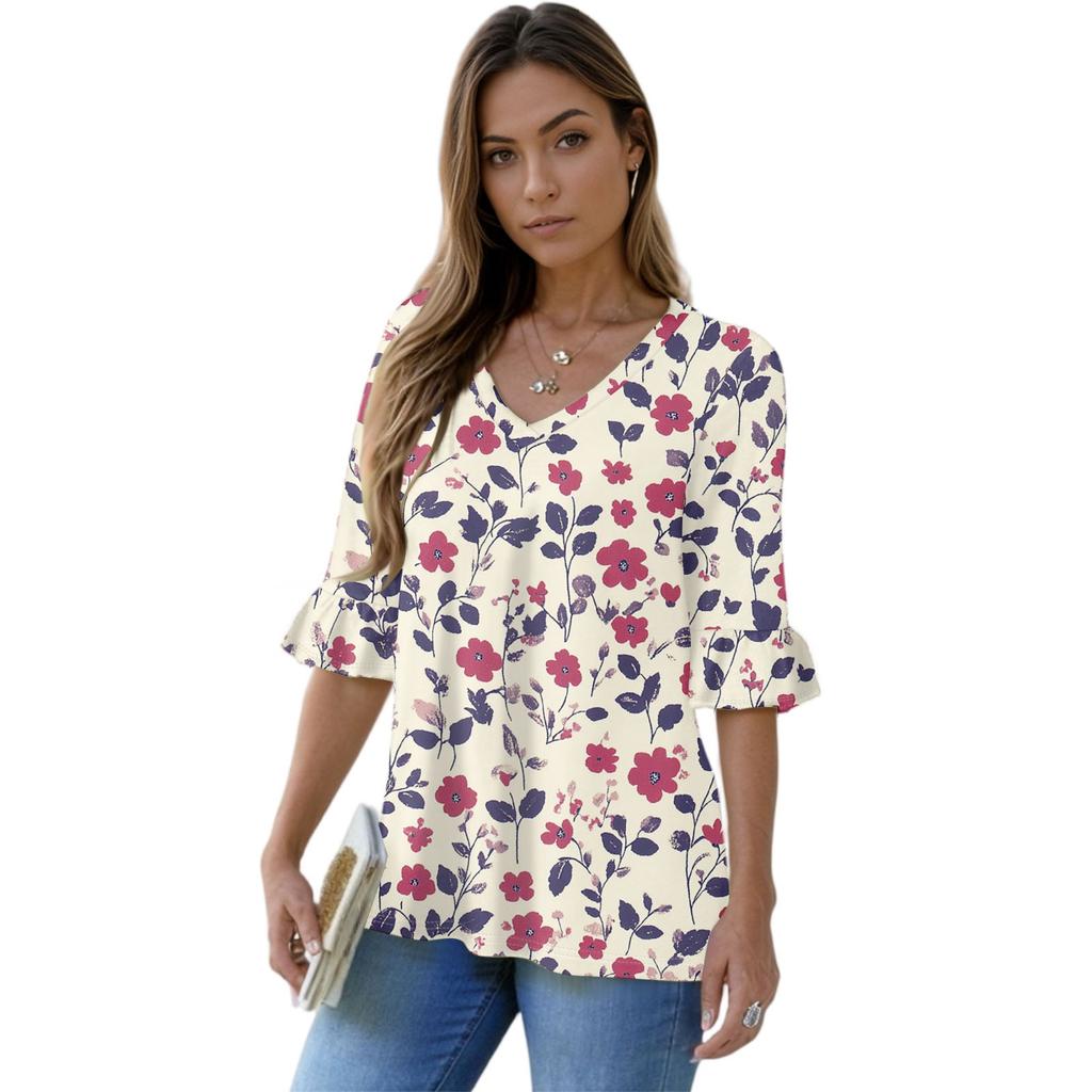 Women's Casual 3/4 Sleeve Tops V-Neck Sleeve T-Shirt Floral Print Tops