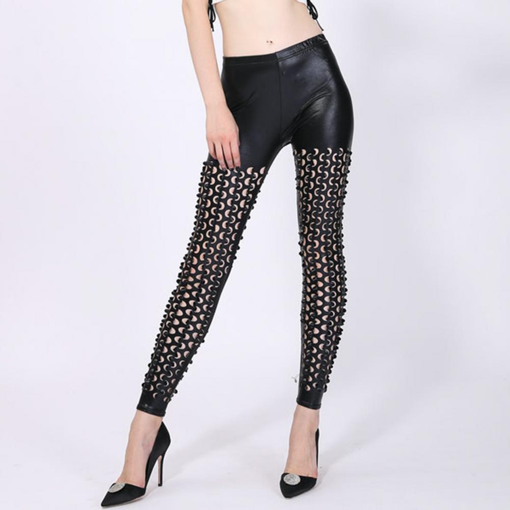 Frauen Skinny Pants Hohl Fischschuppen Shiny Metallic Einfarbig Elastische Taille Damen Rack Band Bühnen Performance Hose Disco