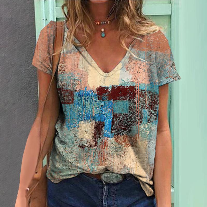 Summer Women's T-shirt Vintage Geometric Print Short Sleeve Tops Female Fashion Clothing V-Neck Oversized Pullover Daily Blouse