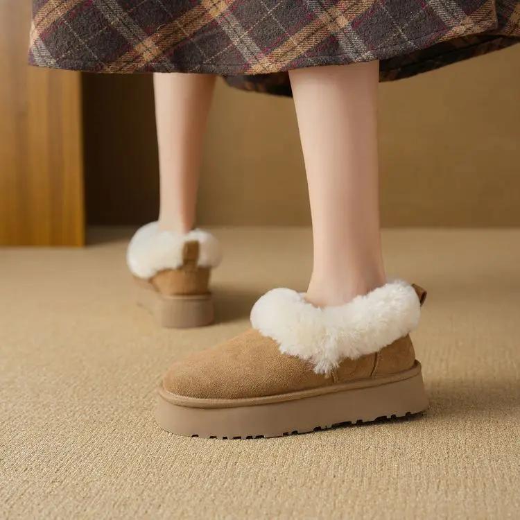 Fashion New Retro Winter Cow Suede Warm Snow Boots Handmade Women's Cute Round Head Thick Bottom with Suede Warm Cotton Boots Size 40