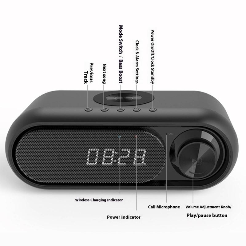 Portable Bluetooth-compatible Loudspeaker with Clock LED Time Display 15W Wireless Charging Multifunctional Digital Clock
