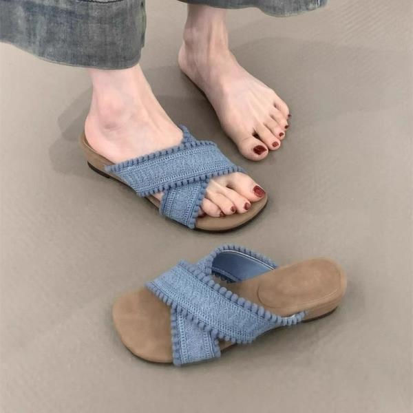 Fashion Shoes Slippers Women Summer On A Wedge Low Slides Fashion Shale Female Beach Soft Luxury Sabot Cotton Fabric Rome PU Hoof Heels