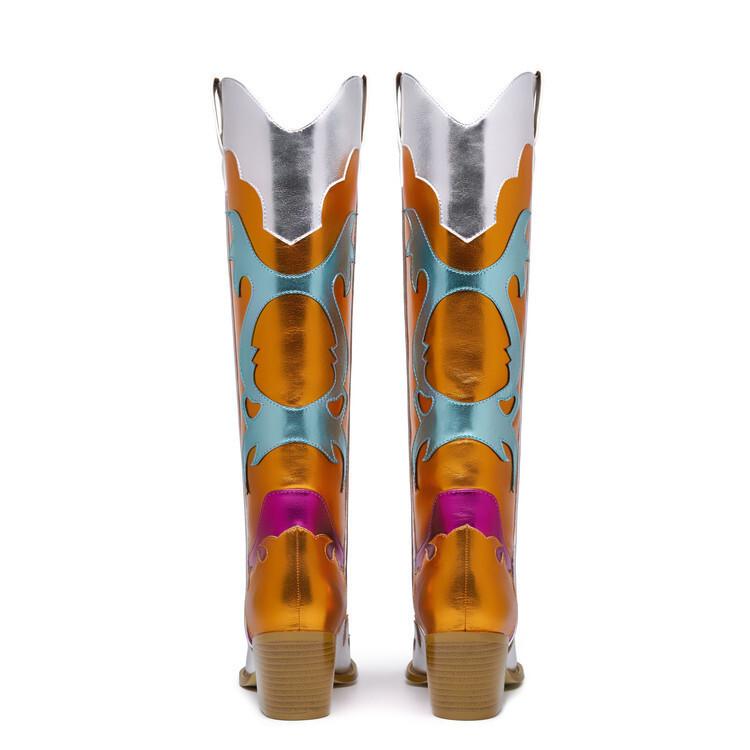 European and American Large-size Women's Cowboy Boots Thick Heel Western Boots Sewing Line Retro Wide Tube Color Matching Boots
