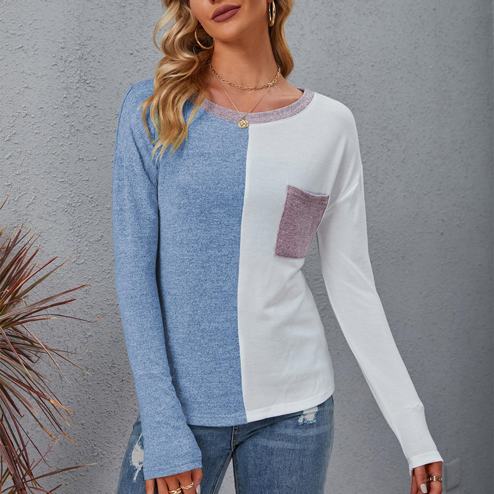 

Женская повседневная футболка с длинным рукавом и круглым вырезом в стиле пэчворк, свободный женский топ M