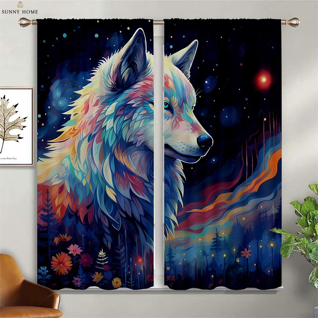 Blackout Heat Insulation Curtains Dream Starry Sky Wolf Print Curtains Children's Room Living Room Outdoor Decorative Curtains