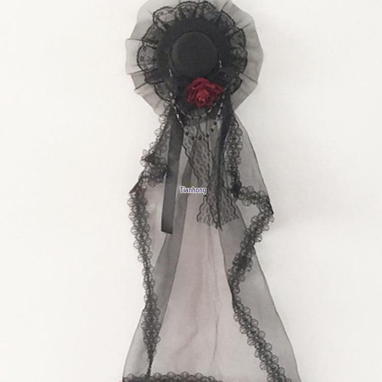 Velo de Encaje de Novia Fantasma de Halloween con Mini Sombrero de Copa de Rosa