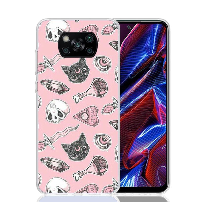 Pink Cat Skull Sorceress Witch Case Phone Cover for Xiaomi Redmi Note 10 9 9S 8 8T 7 5 Pro Mi 12T 11T 10T 9T 12 11 Lite A3 A2 Tr