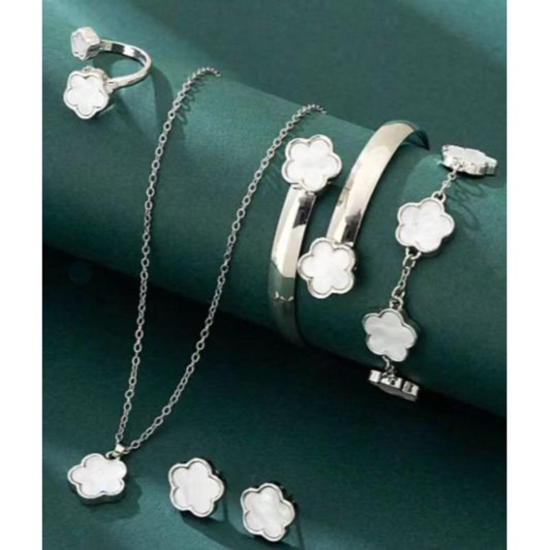 European Elegance: Five-Petal Flower Jewelry Set (Necklace, Bracelet, Bangle, Earrings, Ring)