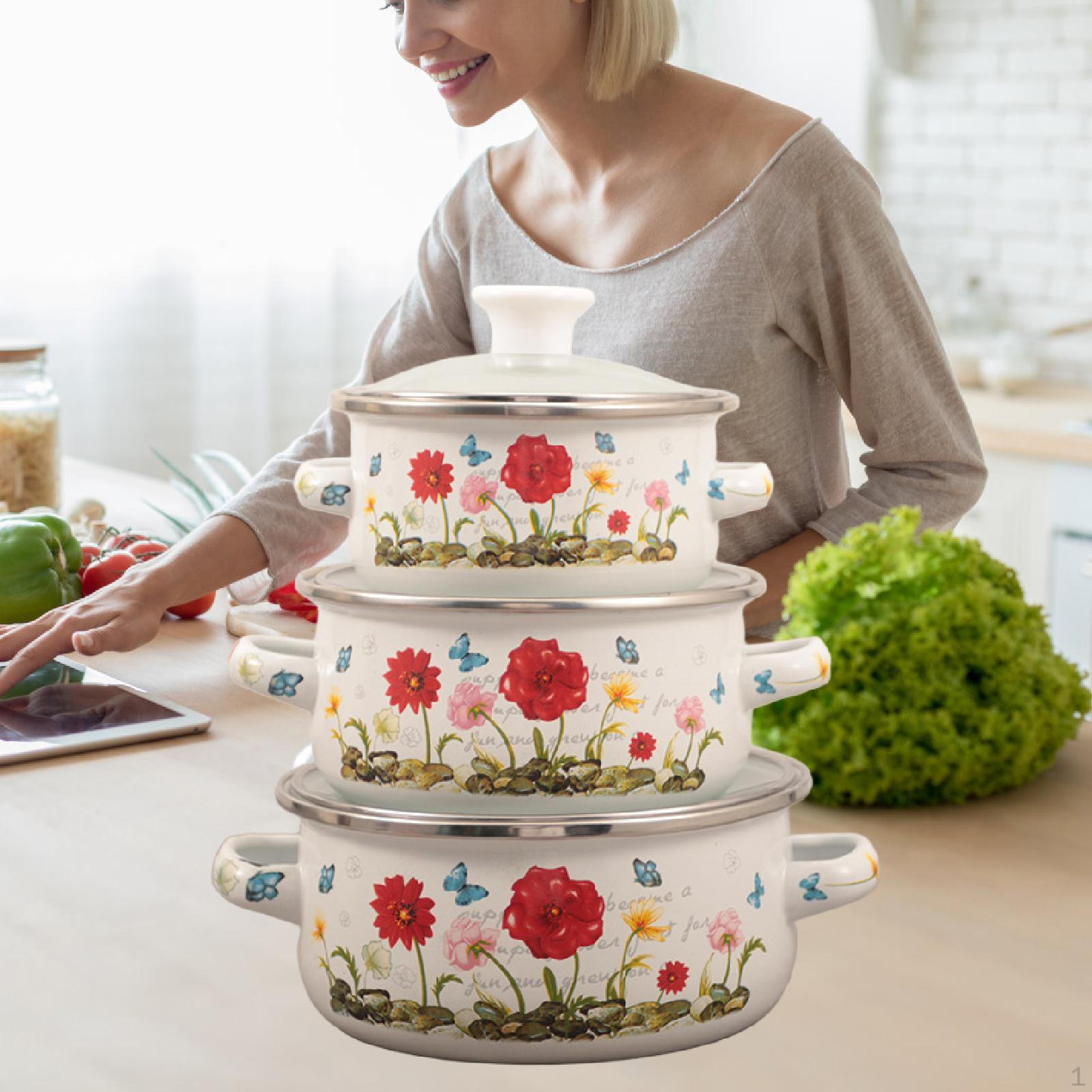 

3 эмалированные кастрюли с ручками и крышками для супов, рагу, фасоли, индукционные, газовые, для домашней кухни Red Flower