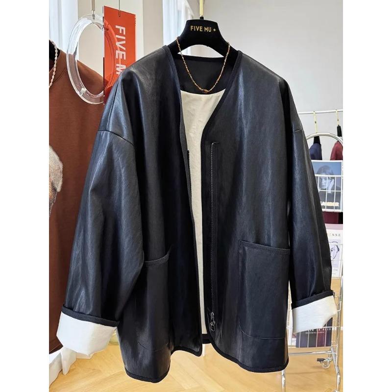 Spring Autumn Women's Faux Leather Jacket V Neck Zip Up Loose Fit Contrast Cuff Casual Outerwear