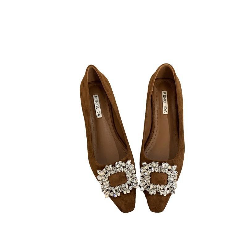 Retro Suede Rhinestone Square Buckle Flat-soled Single Shoes for Women's 2025 Spring and Autumn New French Square Head Shallow Mouth Soft-soled Doud