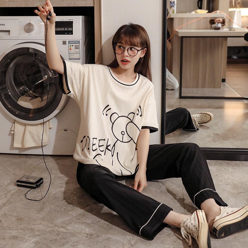 

2025 Spring/Summer Women s Cotton Pullover Pajama Set - Short Sleeve Top with Long Pants L (48-58 kg)
