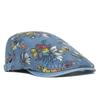 Peony Flower Washed Denim Beret Women's Printed Cap Painters Hat Newsboy Cap