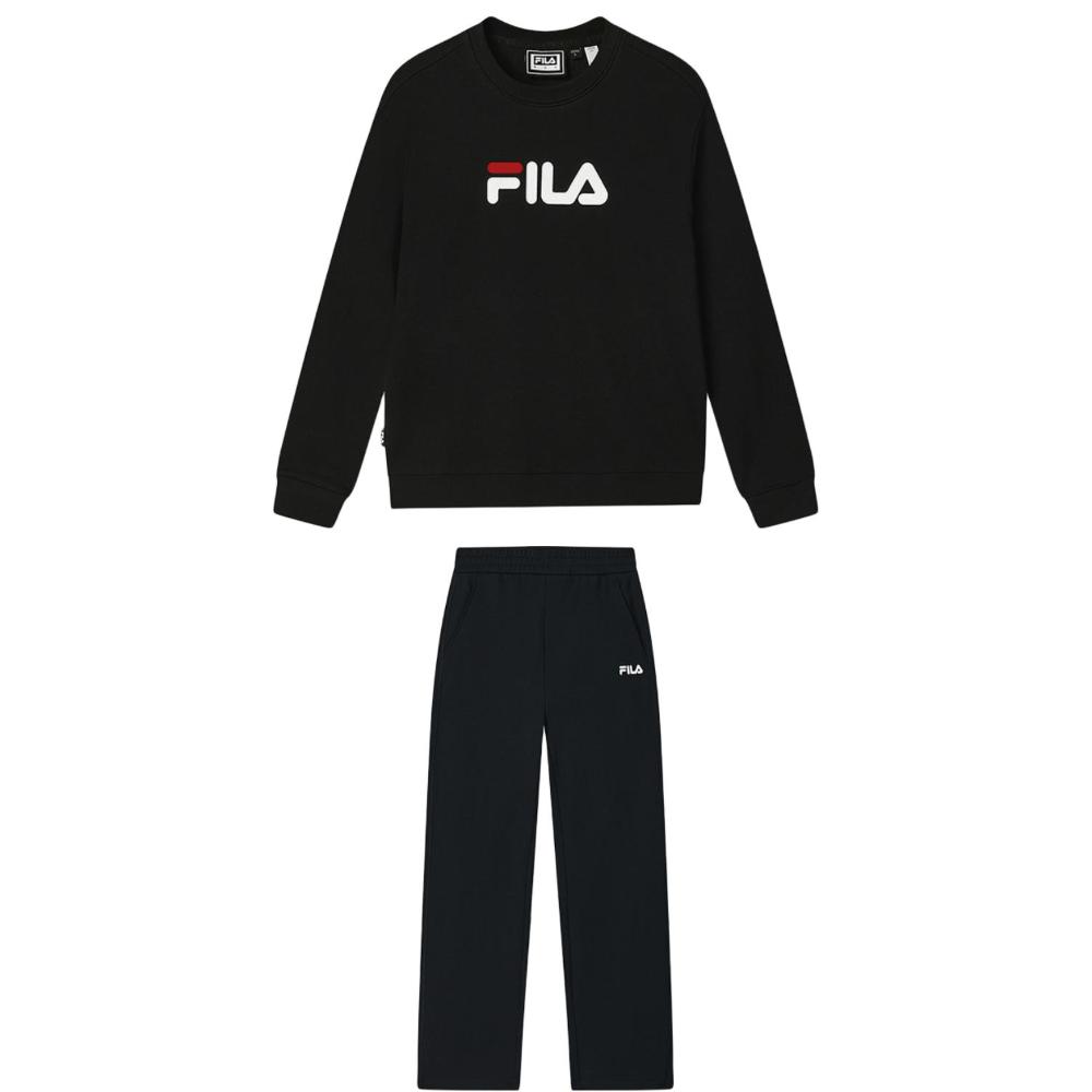 

Fila Оригинальный FW25 Свитшот с круглым вырезом, спущенным плечом и длинным рукавом, с надписью, свободного кроя, вязаные длинные брюки, повседневный комплект, женские комплекты F51U539205F-BK+F51W539604F-BK S