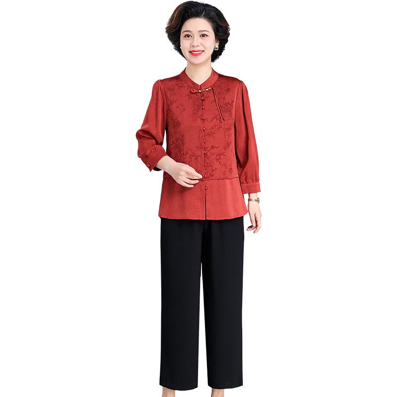 Autumn Mother's Day Chinese Style Two-Piece Shirt Set for Elegant Middle-Aged Women