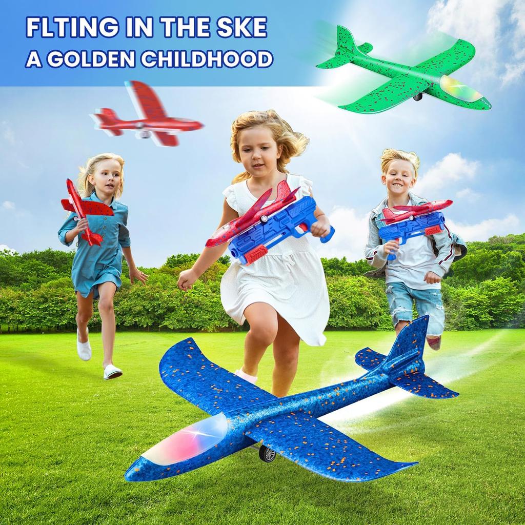 Toy Airplane, 3 Pack Airplane Launcher Toys 2 Flight Mode Glider Plane Outdoor Toys for Kids Ages 3 4 5 6 7 8 9 10 11 12 Year Old Boys & Girls