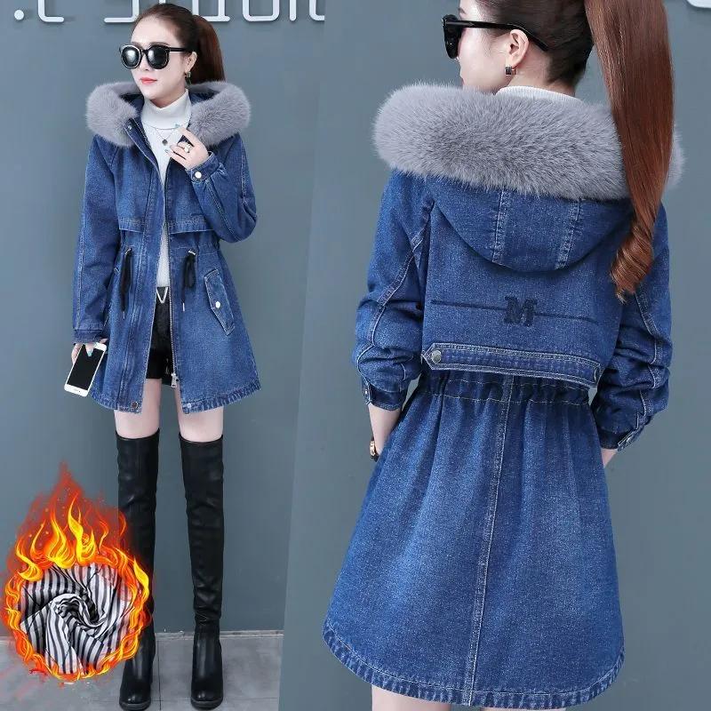 Women's Hooded Denim Jacket Thickened Loose Casual Warm Top Long Sleeve Winter Jacket
