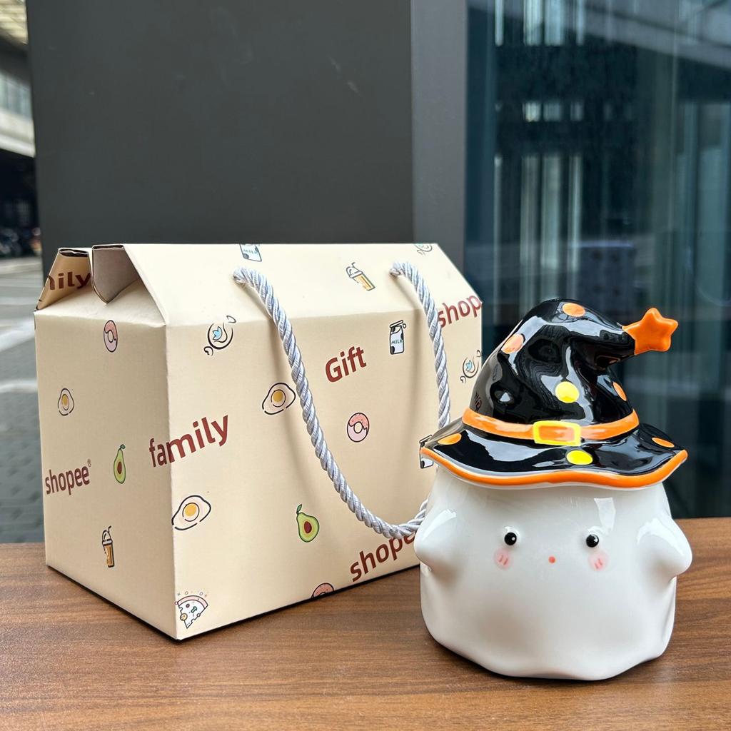 Cute Ghost Mug with Lid for Boys Ceramic Water Cup for Girls Practical Creative Cup for Teachers' Day Birthday Gift