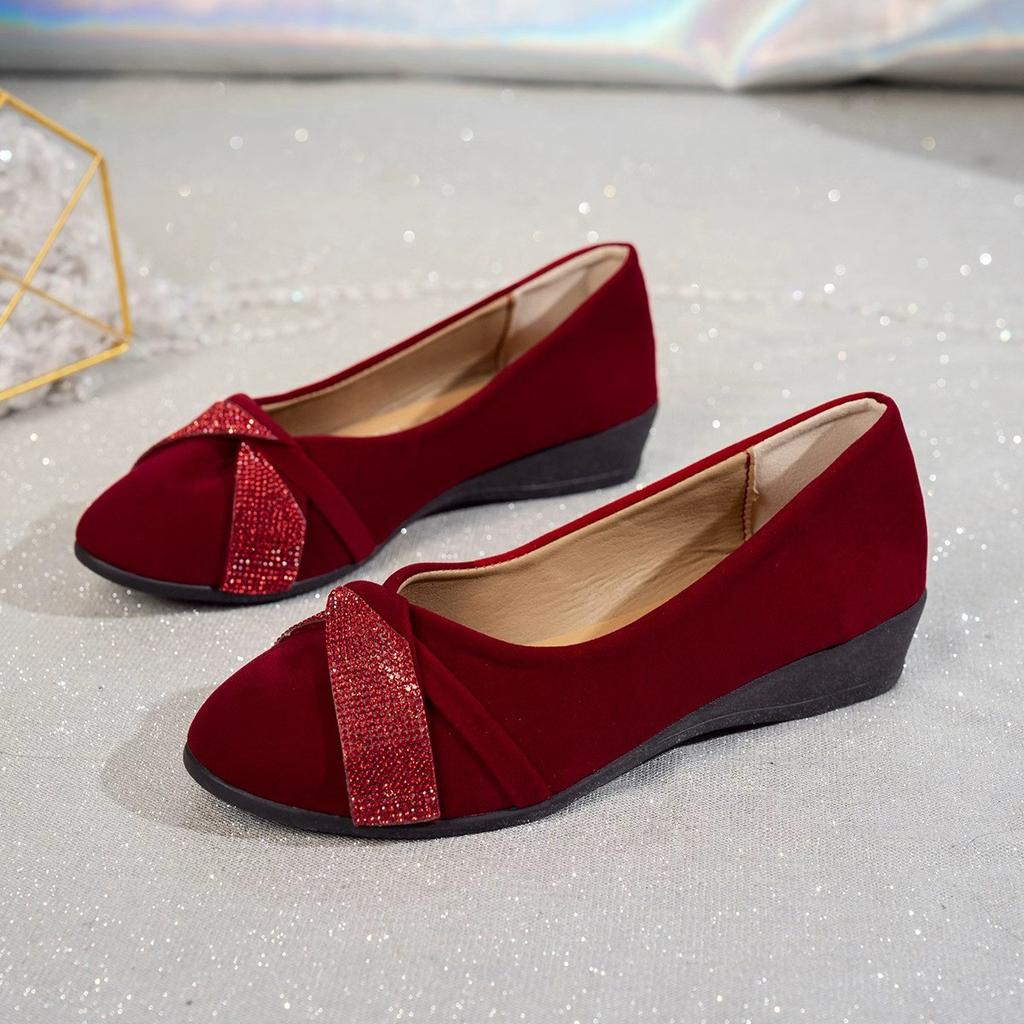 Ballerinas im französischen Stil, bequeme und stilvolle Einzelne Schuhe mit niedrigem Absatz, Damen-Fla mit niedrigem Ausschnitt, verziert mit Strasssteinen