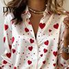 Party Shirt Tops Women Silk Glossy Fabric Lapel Long Sleeve Heart Print Blouse Loose Fit Button Down Romantic Date Night Casual Comfortable Soft