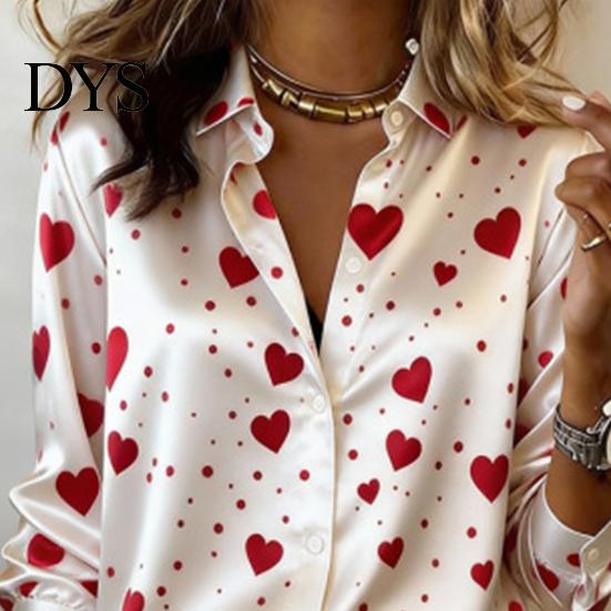 Party Shirt Tops Women Silk Glossy Fabric Lapel Long Sleeve Heart Print Blouse Loose Fit Button Down Romantic Date Night Casual Comfortable Soft