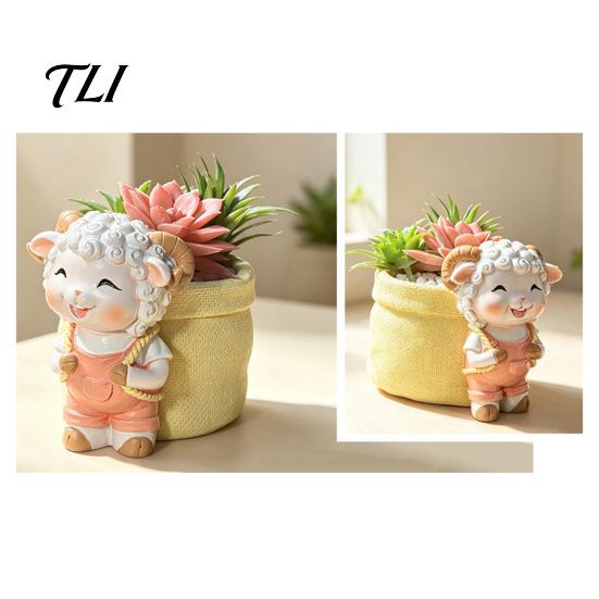 Healing Style Plant Holder Cute Lamb Planter, Cartoon Sheep Carring Bag Pot, Lovely Shaped Decor Small Resin Flower Pot for Succulents, Houseplants,