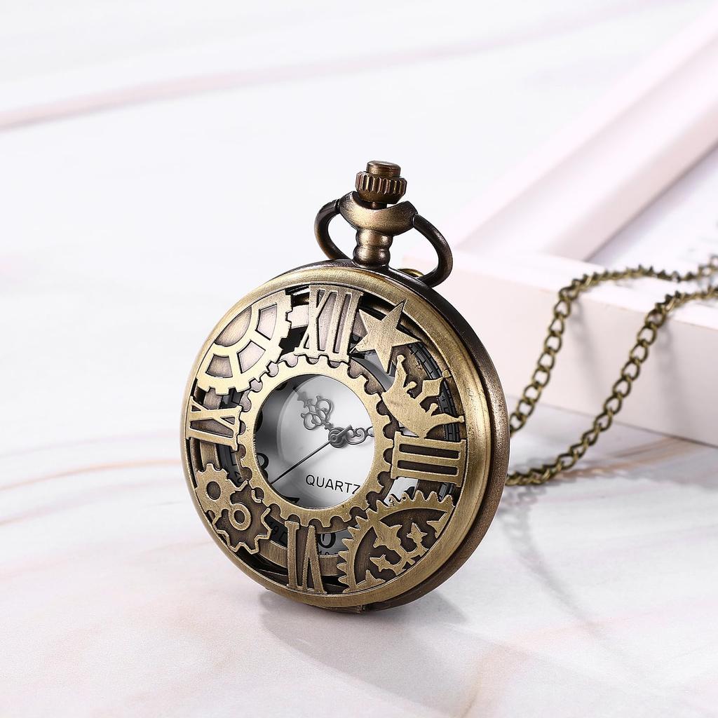 Antique Roman Pocket Watch with Analog Star Crown Skeleton and Quartz Bronze Retro Fashion Accessory with Pendant Necklace Perfect Gift for or