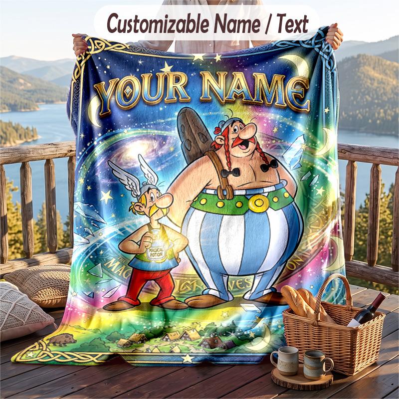 Asterix & Obelix Flannel Blanket, Personalized Custom Name Text, Soft Warm Plush Throw Blanket For Gift