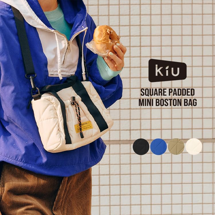 KiU Square Padded Mini Boston Mini Bag with Shoulder Strap and Bag, Waterproof, Water-Repellent, Quilted, Pocket, Simple, Stylish, Cute, Casual,
