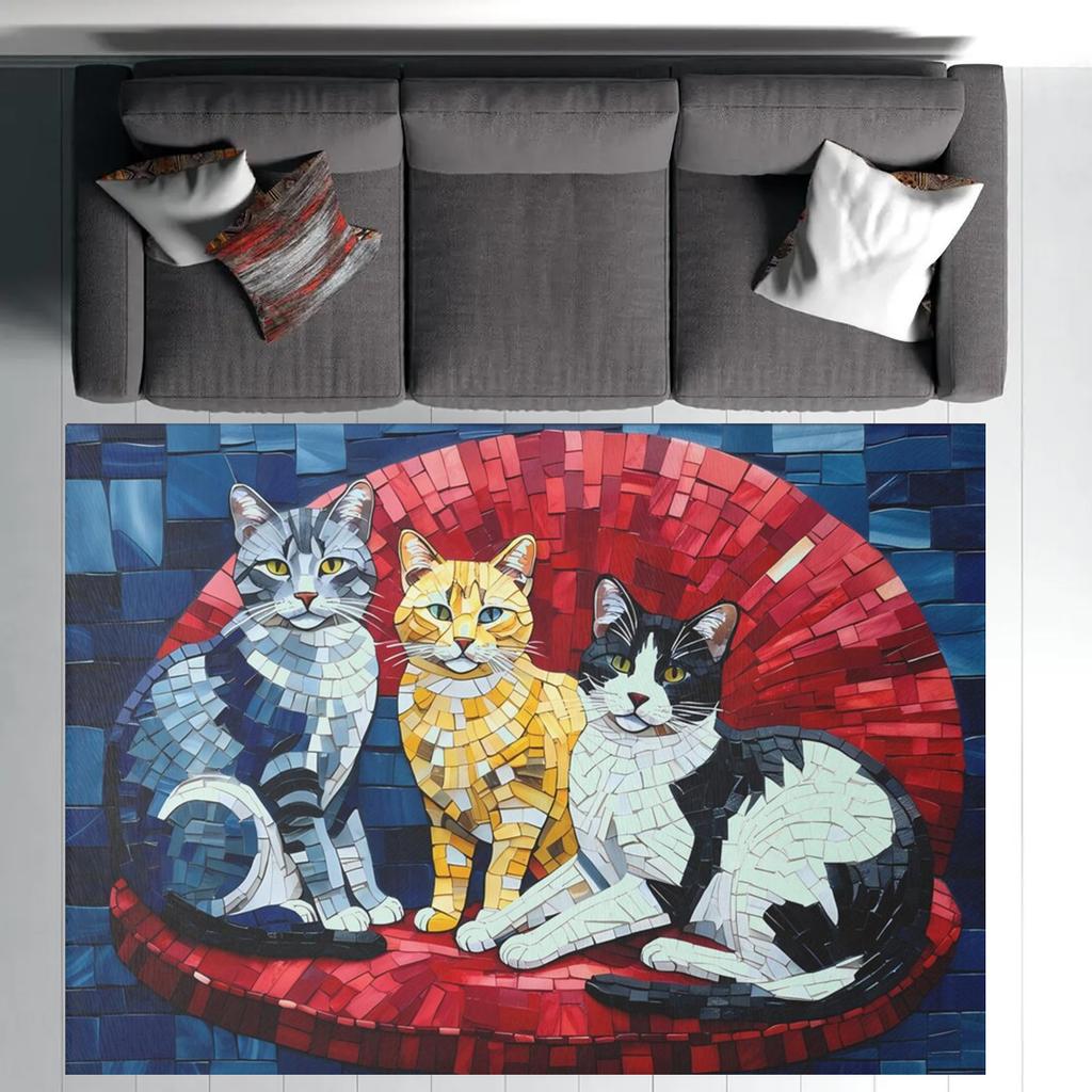 Black and White Cat Vintage Calico Cat Cow Cat Three Kittens Carpet Ceramic Tile Mosaic Style Living Room Bedroom Rug