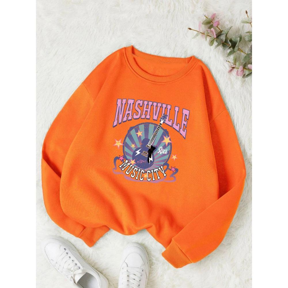 Street Damen Pullover Nashville Music Cith Poster Druck Hoodie Rundhals Locker Weiches Sweatshirt Herbst Damenkleidung