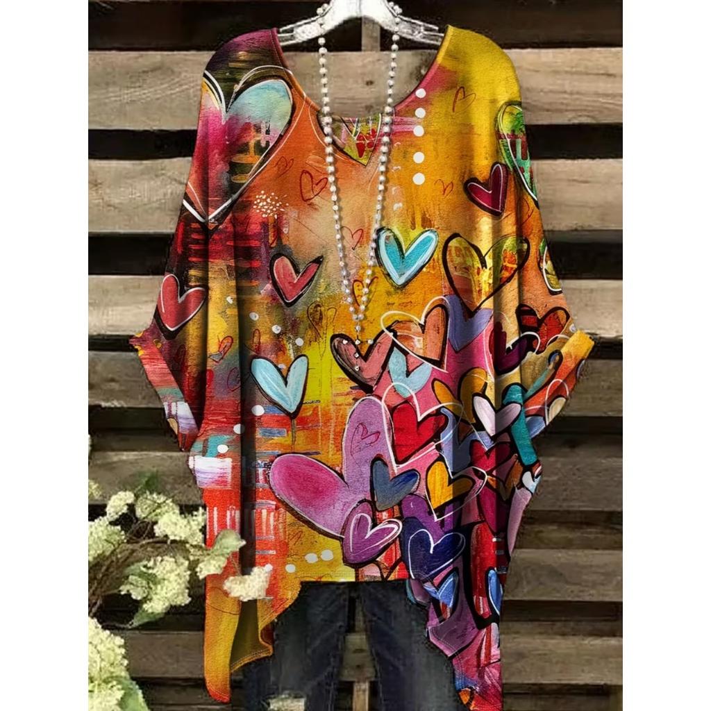Elegantes Bohemian Chic Übergroßes Einfaches Retro Liebesdruck Druck Damen T-Shirt Asymmetrischer Saum Rundhalsausschnitt Vielseitige Damenbekleidung