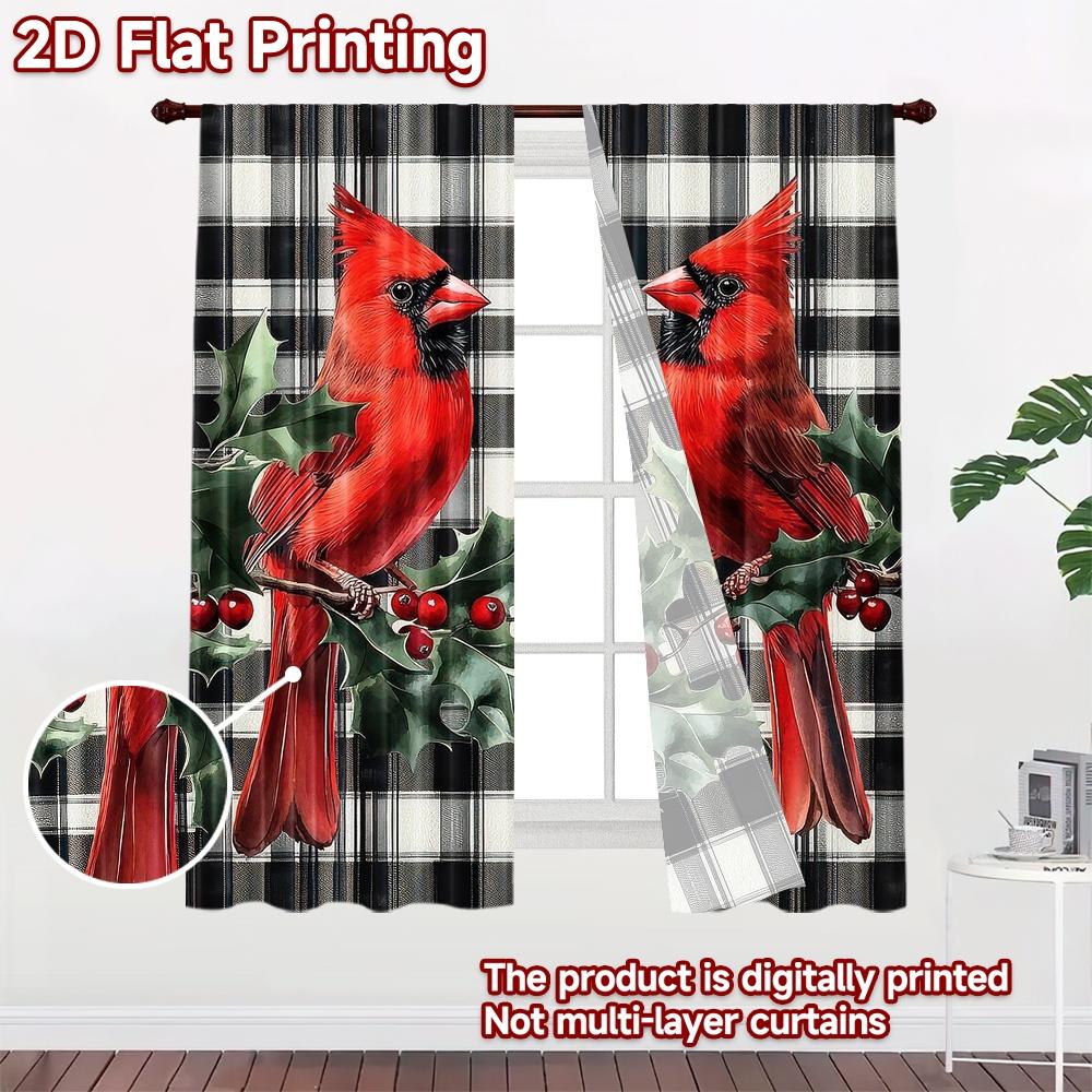 2D flat Photography Backdrop Scene Backdrop Christmas Cardinals on Plaid 100% Polyester Party Decorations for Indoor