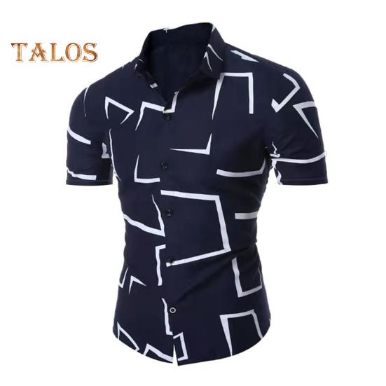 Sommerhemd für Herren, geometrischer Druck, einreihig, kurze Ärmel, Slim Fit, Umlegekragen, mittellanges Hemd in Kontrastfarbe