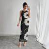 Women's Sleeveless Maxi Dress Round Neck Mid Rise Elegant Mesh Floral Print Sheath Dress