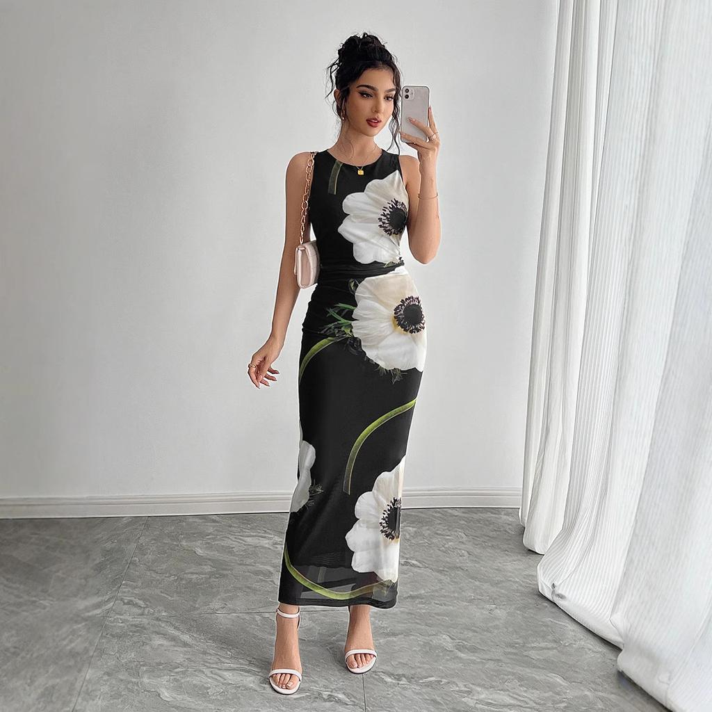 Women's Sleeveless Maxi Dress Round Neck Mid Rise Elegant Mesh Floral Print Sheath Dress