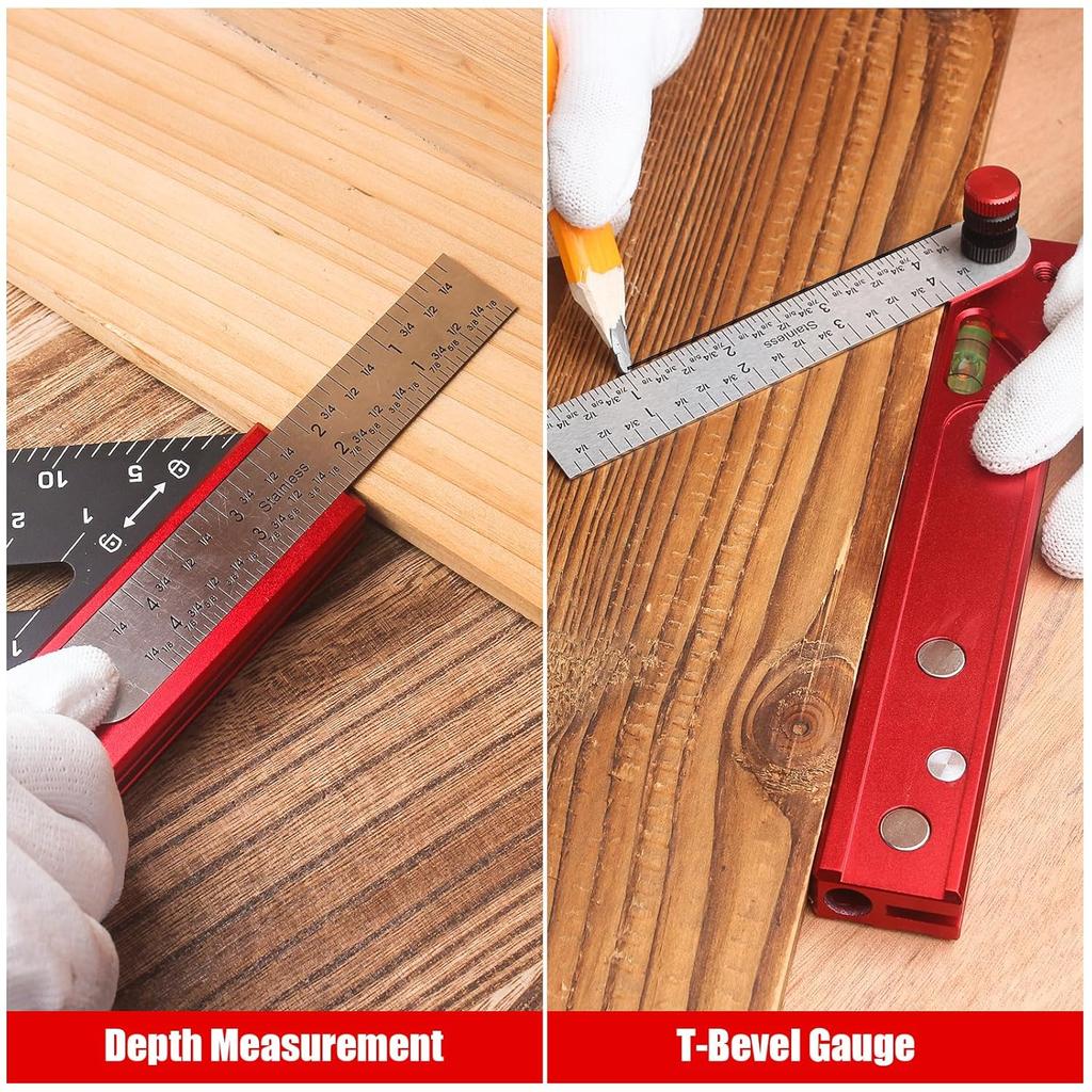 6-in-1 Carpenter Square 7 inch (1/8" Precision) Rafter Square Multi-Purpose Carpenter Tools:Square,Protractor, 1/16" Precision Steel Ruler,Marking