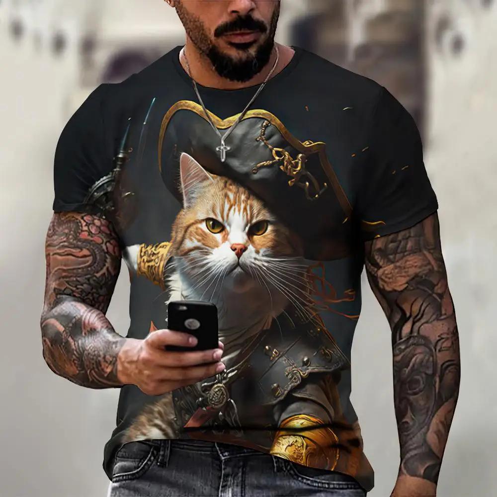 Men's 3D Printed T-Shirt Cute Cat Pattern Print Short Sleeve O-Neck Pullover Casual Top