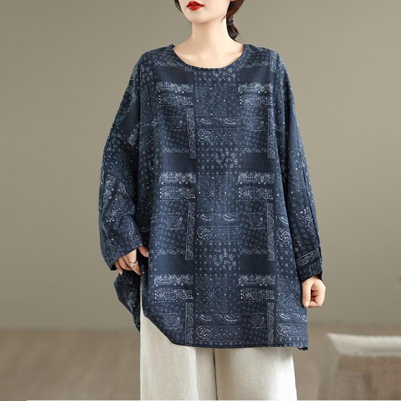 

Хлопковая винтажная футболка с длинным рукавом оверсайз с цветочным принтом, повседневная свободная, топы, женская футболка на весну-осень