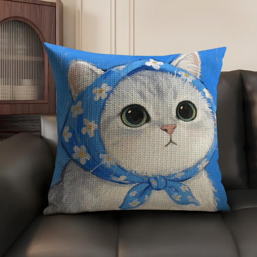 Art Cat Cute Cushion Cover Summer Breathable Linen Organic Fabric Double-Sided Printing Sofa Pillow Case Home Decor