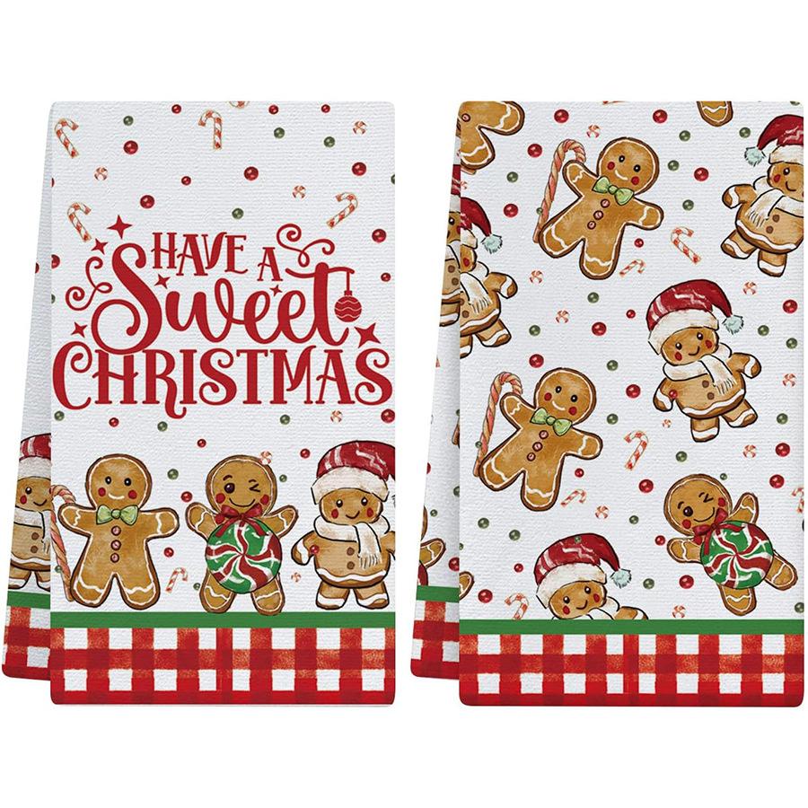 

2pcs Ultra Fine Microfiber Dish Towels 18x26 Inches, Gingerbread Candy Cane Decor Home Kitchen Accessories