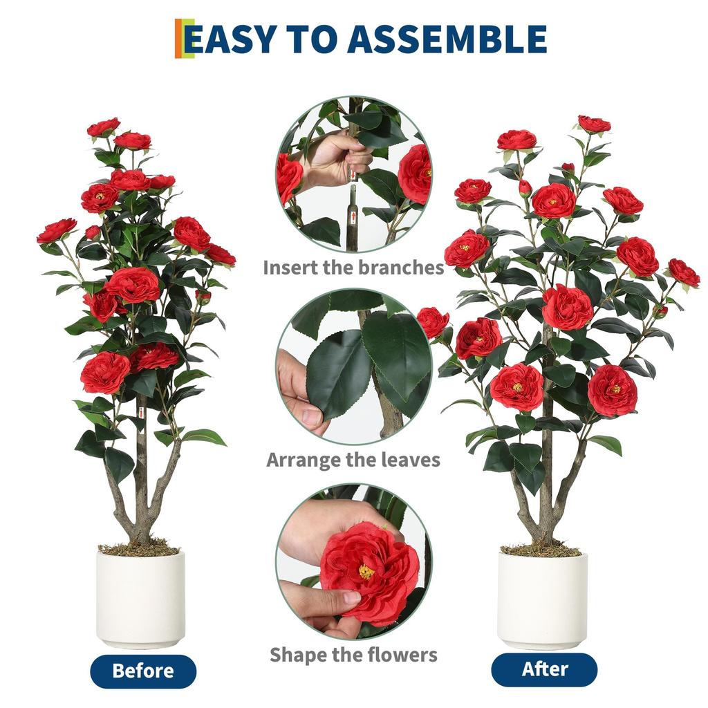 Artificial Camellia 3ft Fake Artificial Potted Silky Interior Living No Watering Required Plant, (approx. 90cm), Greenery, Flower, Plant, Leaves,