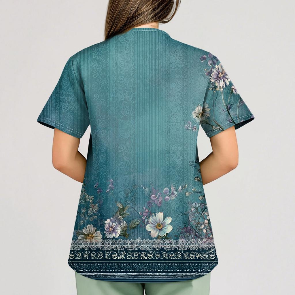 Plus SizePrinted Scrub Working Uniform Tops For Women's Cross V-Neck Print Short Sleeve Fun T-Shirts Workwear Tee With Pockets