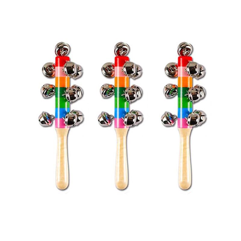 

3Pcs Rainbow Wooden Jingle Hand Bells Stick Shaker Rattle Party Favors Classroom Prize Supplies Baby Kids Children Musical Toys