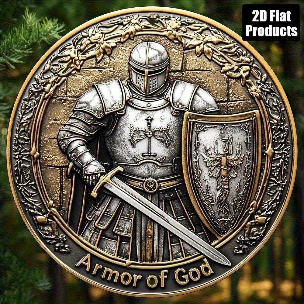 2D Flat Aluminum Armor Warrior Round Sign 7.87x7.87 Inch Metal Wall Art Unique Themed Gift Home Seasonal Decoration 1pc
