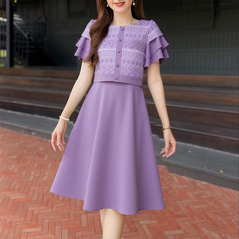 

ZANZEA Женское элегантное платье с круглым вырезом, оборками, короткими рукавами, принтом и лоскутным узором S фиолетовый