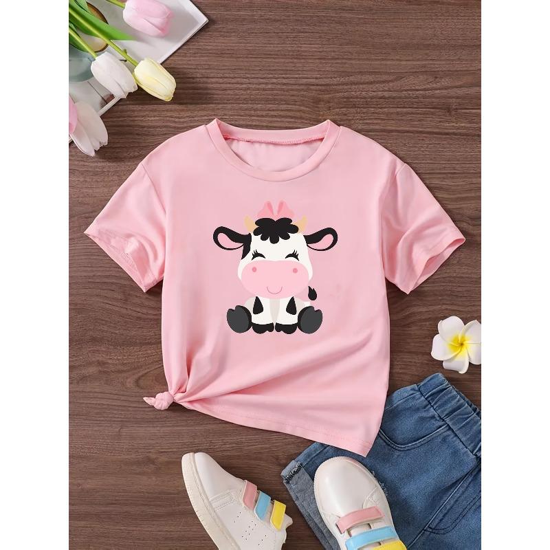 European sizes  Girls' Casual Cotton T-Shirt with Cartoon Cow Print Top